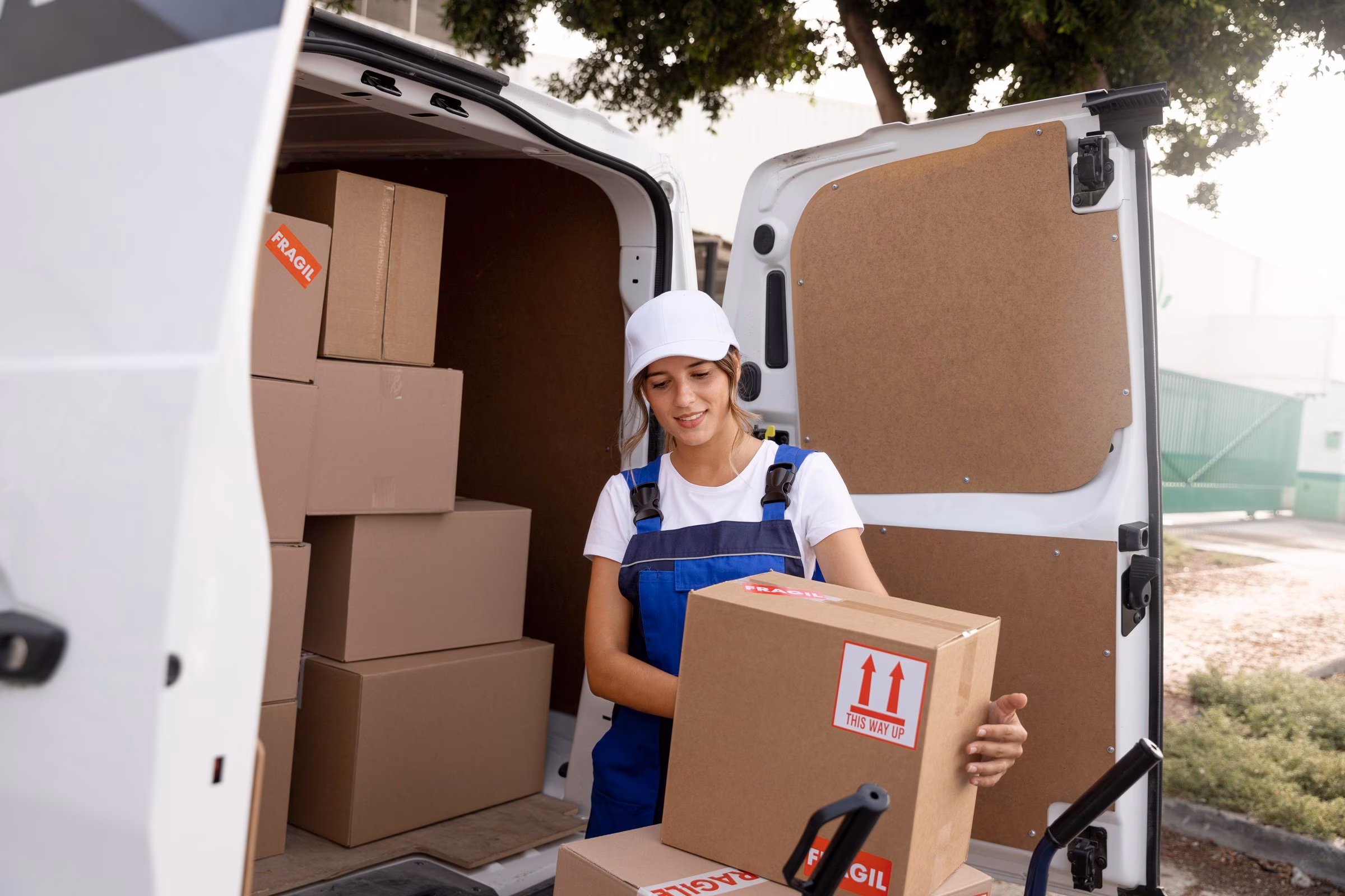 Forest Movers crew member carrying a labeled box to the van on an apartment move