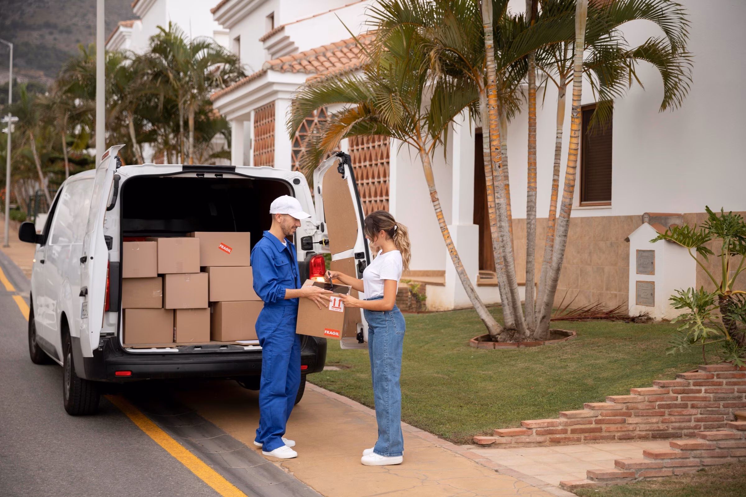 Forest Movers mover handing a moving box to a customer outside a Seattle home
